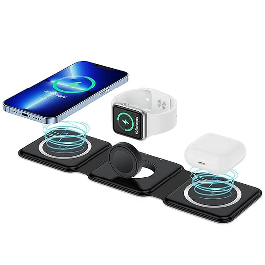 3 in 1 MagSafe Magnetic Foldable Wireless Charger for iPhone 16 to 12 Series | Compatible with AirPods 2/3/Pro | Compatible with only Apple Watch Series | 23W Charging | Wireless Charger - Matte Black Howzhat