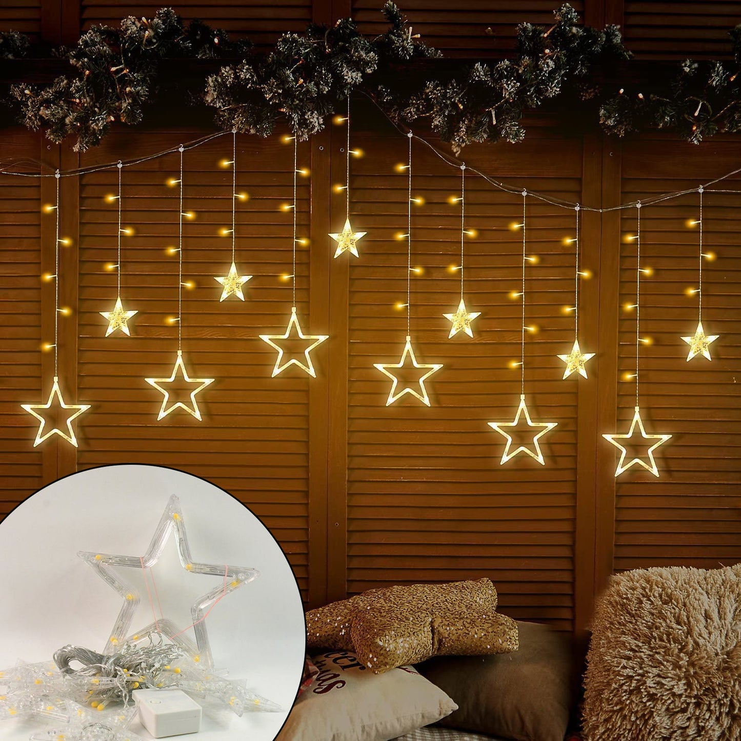 3385 12 Stars Led Curtain String Lights With 8 Flashing Modes For Home Decoration Diwali Wedding Led Christmas Light Indoor And Outdoor Light Festival Decoration (Warm White) Wukusy