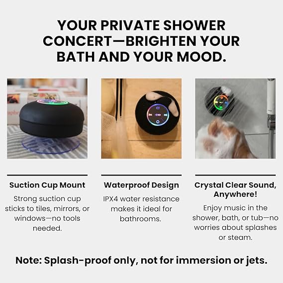 Luzsco Waterproof Bluetooth Shower Speaker with LED, IPX4 Portable Wireless Hands-Free Mini Speaker, Built-in Mic, Suction Cup (Black) Howzhat