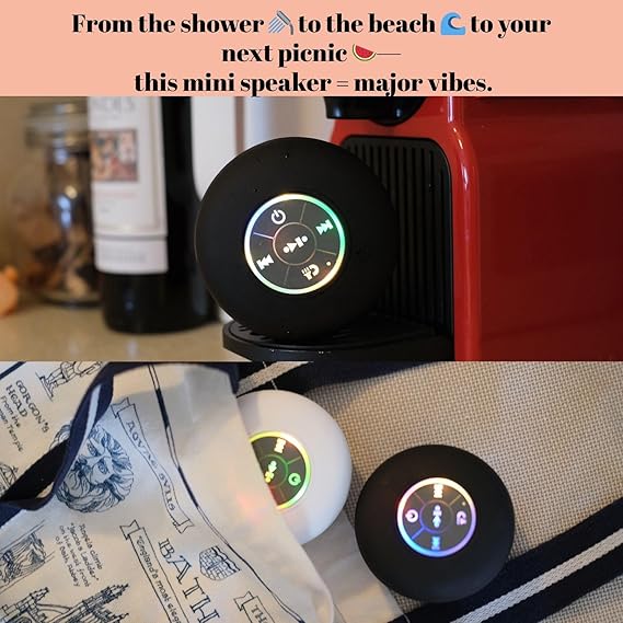 Luzsco Waterproof Bluetooth Shower Speaker with LED, IPX4 Portable Wireless Hands-Free Mini Speaker, Built-in Mic, Suction Cup (Black) Howzhat