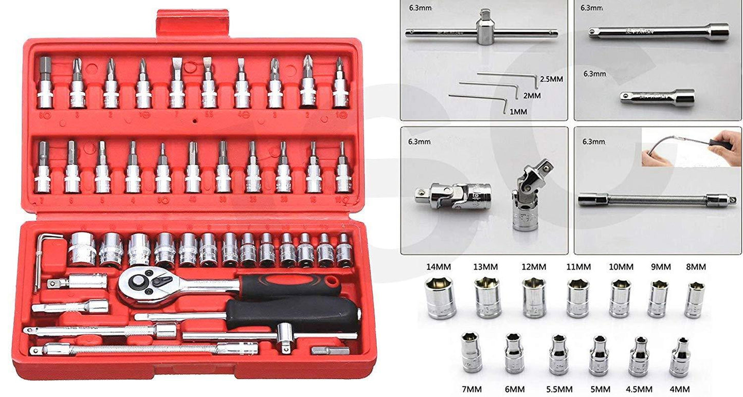 Socket 14 Inch Combination Repair Tool Kit (Red 46 Pcs) Wukusy