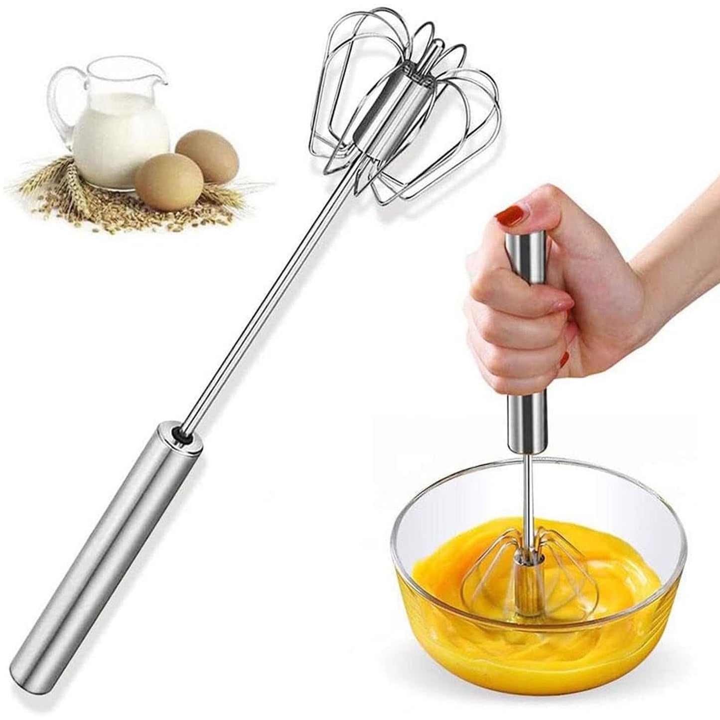 Big Stainless Steel Egg Whisk Hand Push Rotary Whisk Blender (1 Pc 35 Cm) Wukusy