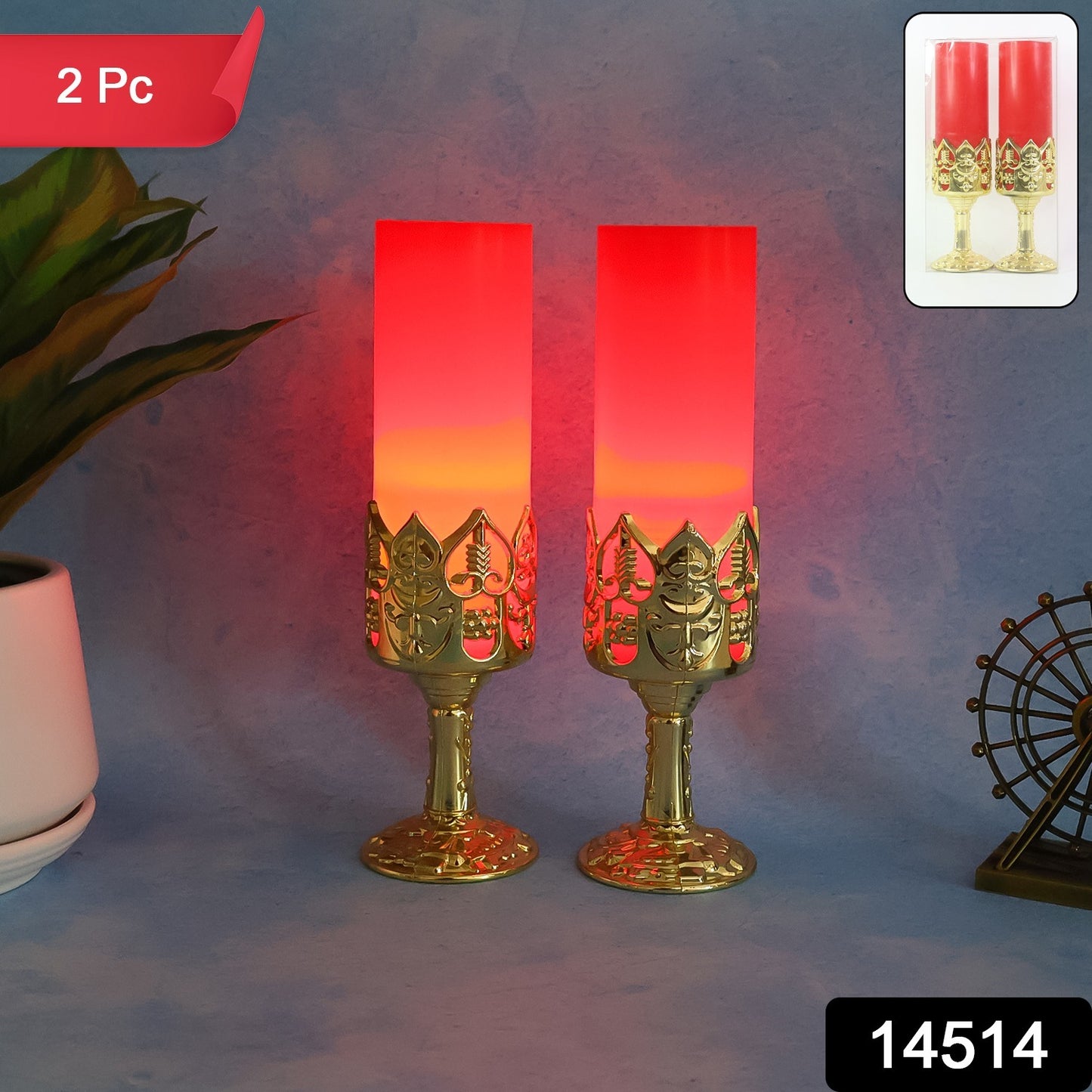 Decorative Led Candle Light Lamps With Golden Stand (2 Pc)