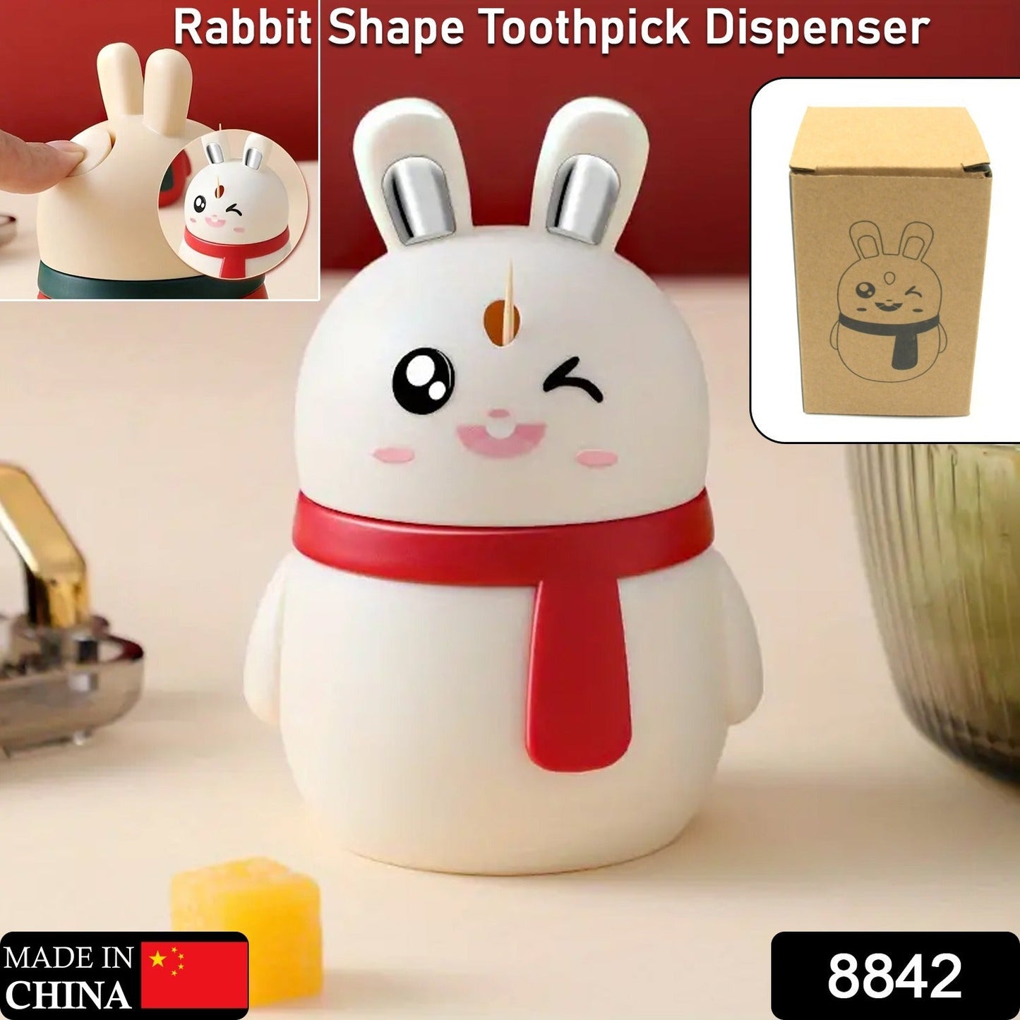 8842 Rabbit Shape Toothpick Dispenser Pressing Small Size Accessory Durable Red Home Garden Kitchen Dining Bar Kitchen Storage Organization Racks Holders Dining Room Table Decoration (1 Pc ) Wukusy