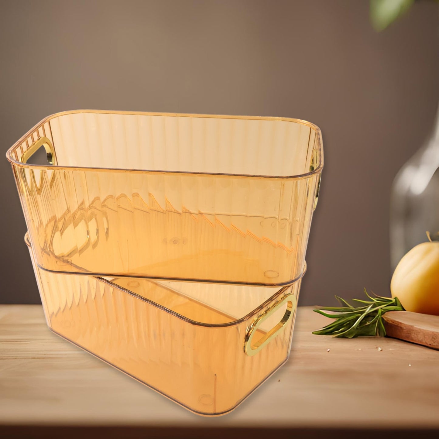 Premium Ribbed Transparent Storage Basket With Gold Handle Multipurpose Kitchen Amp Home Organizer Box (25x14cm 2 Pc) Wukusy