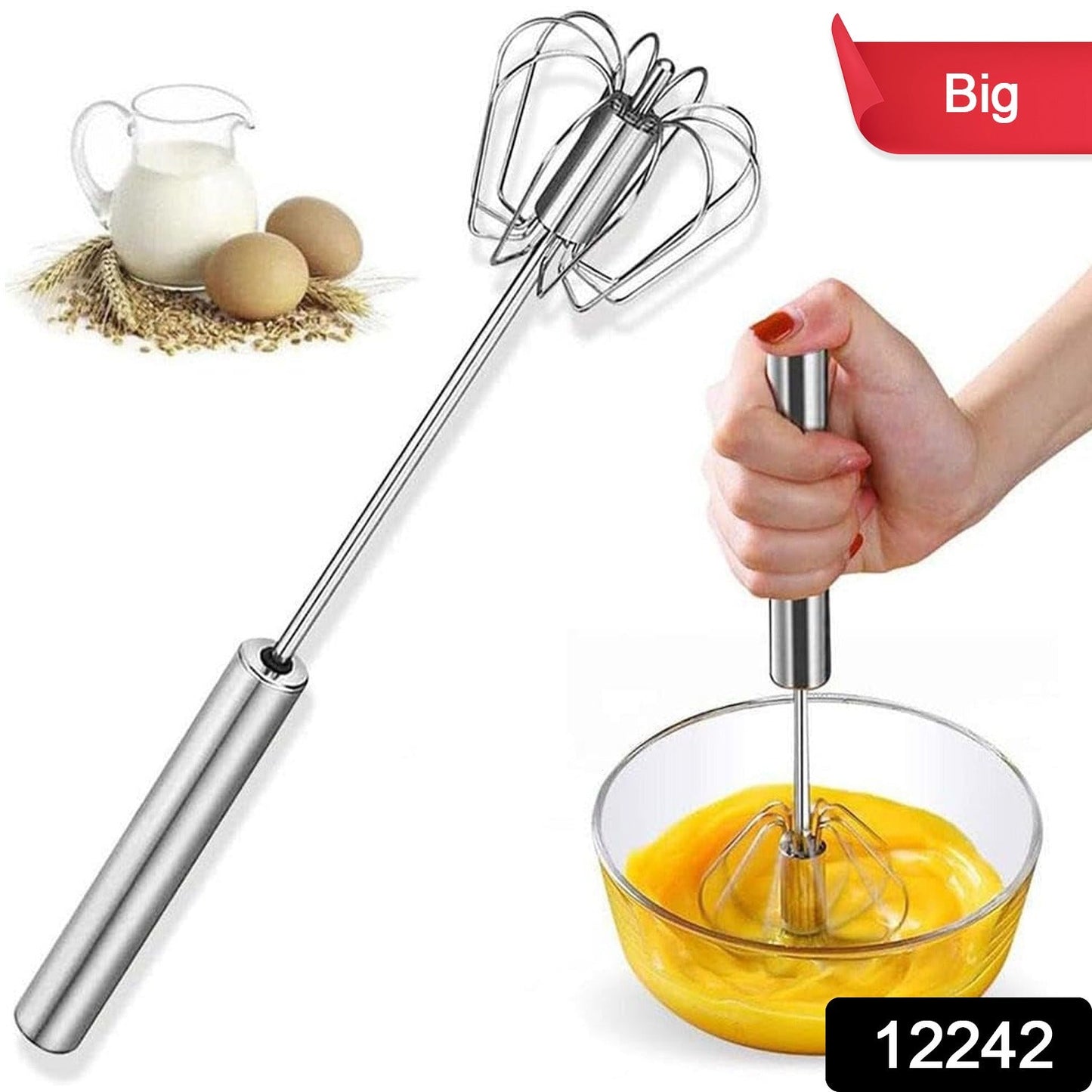 Big Stainless Steel Egg Whisk Hand Push Rotary Whisk Blender (1 Pc 35 Cm) Wukusy