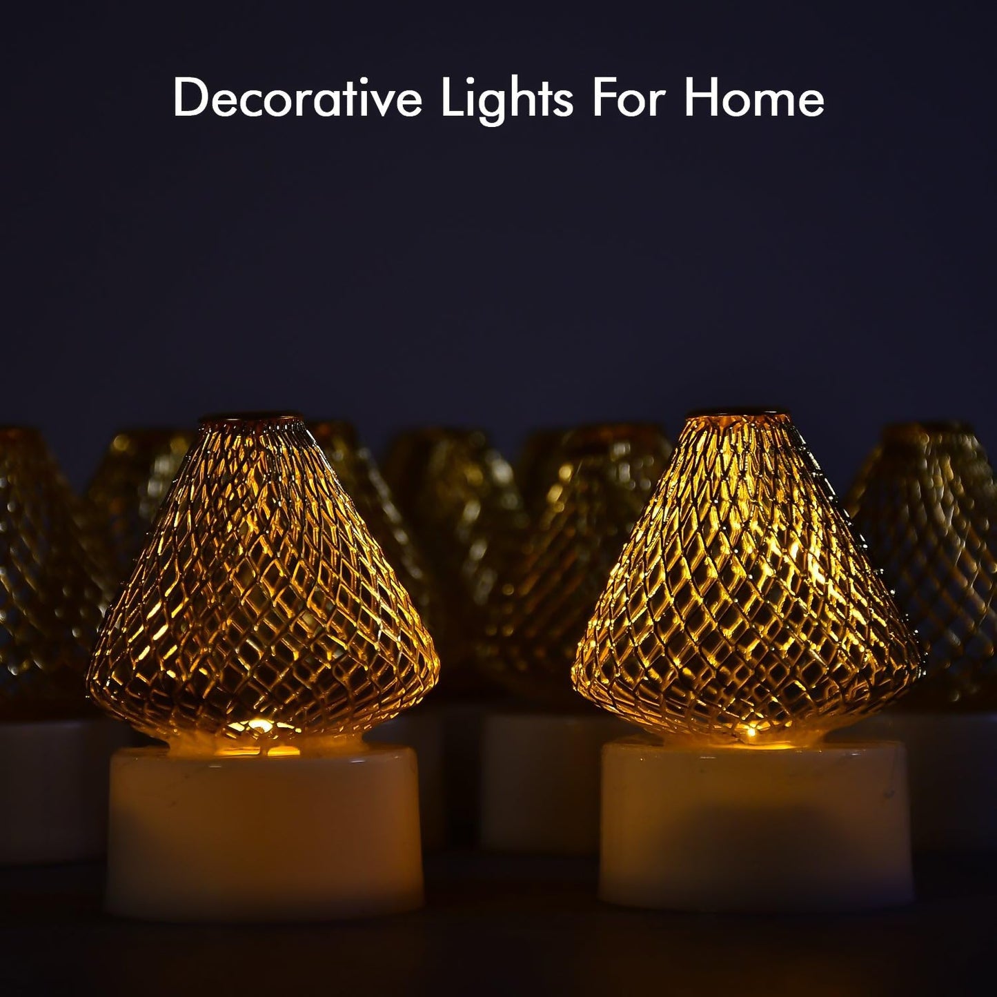 Set Of 12 Decorative Led Flameless Candle Lights With Golden Net Cover Wukusy