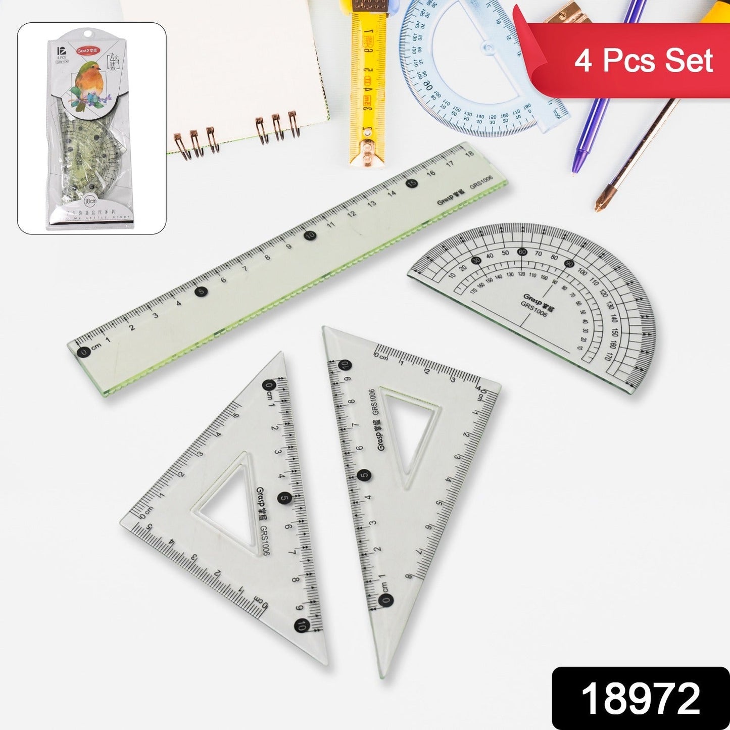 4-piece Geometry Set Triangle Ruler Protractor Straight Ruler Wukusy
