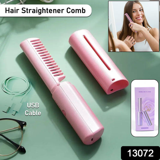 13072 Rechargeable Mini Hair Straightener Travel Portable Usb Charging Cordless Hair Straightener Bursh Three Temperature Adjustments Flat Iron Comb (1 Pc) Wukusy