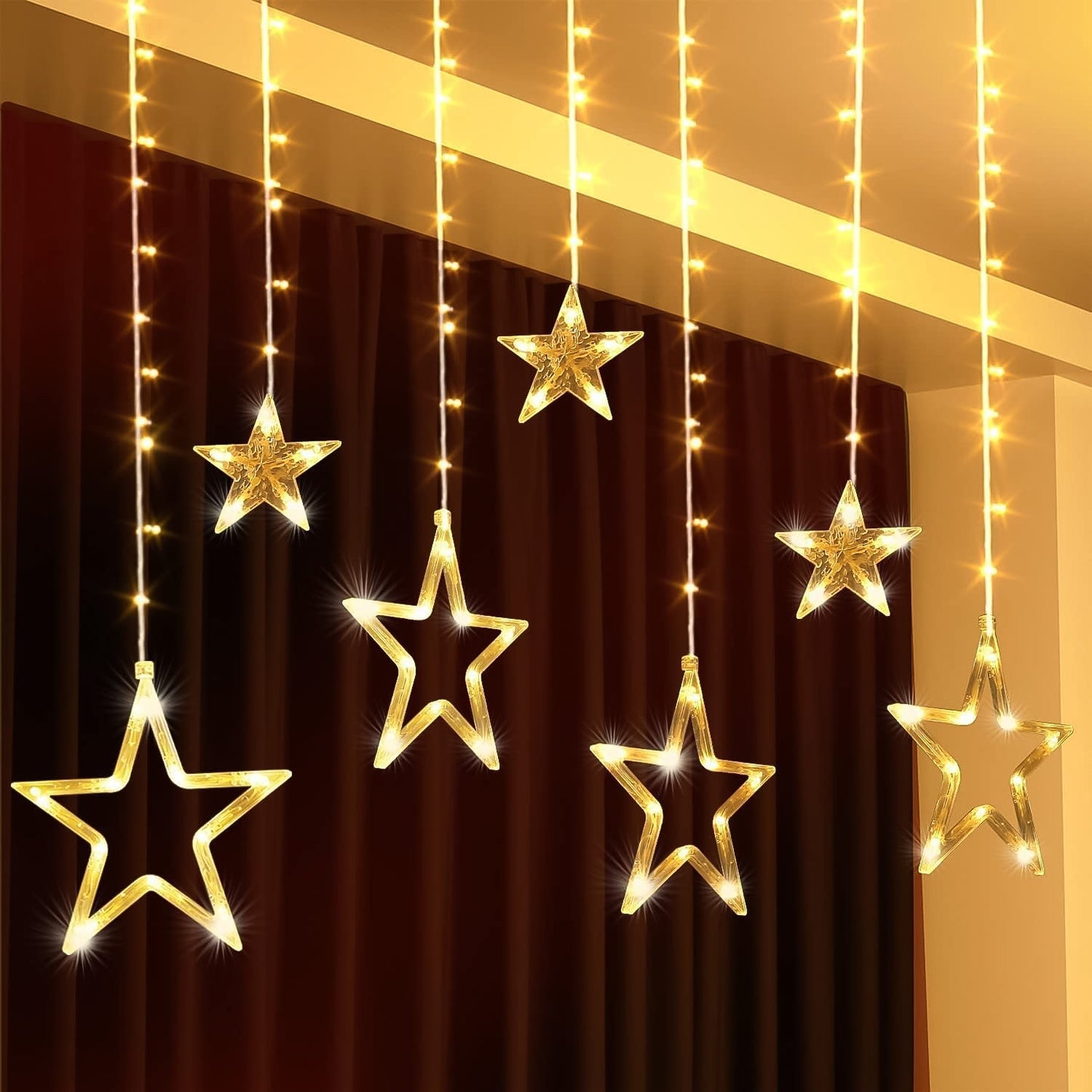 3385 12 Stars Led Curtain String Lights With 8 Flashing Modes For Home Decoration Diwali Wedding Led Christmas Light Indoor And Outdoor Light Festival Decoration (Warm White) Wukusy
