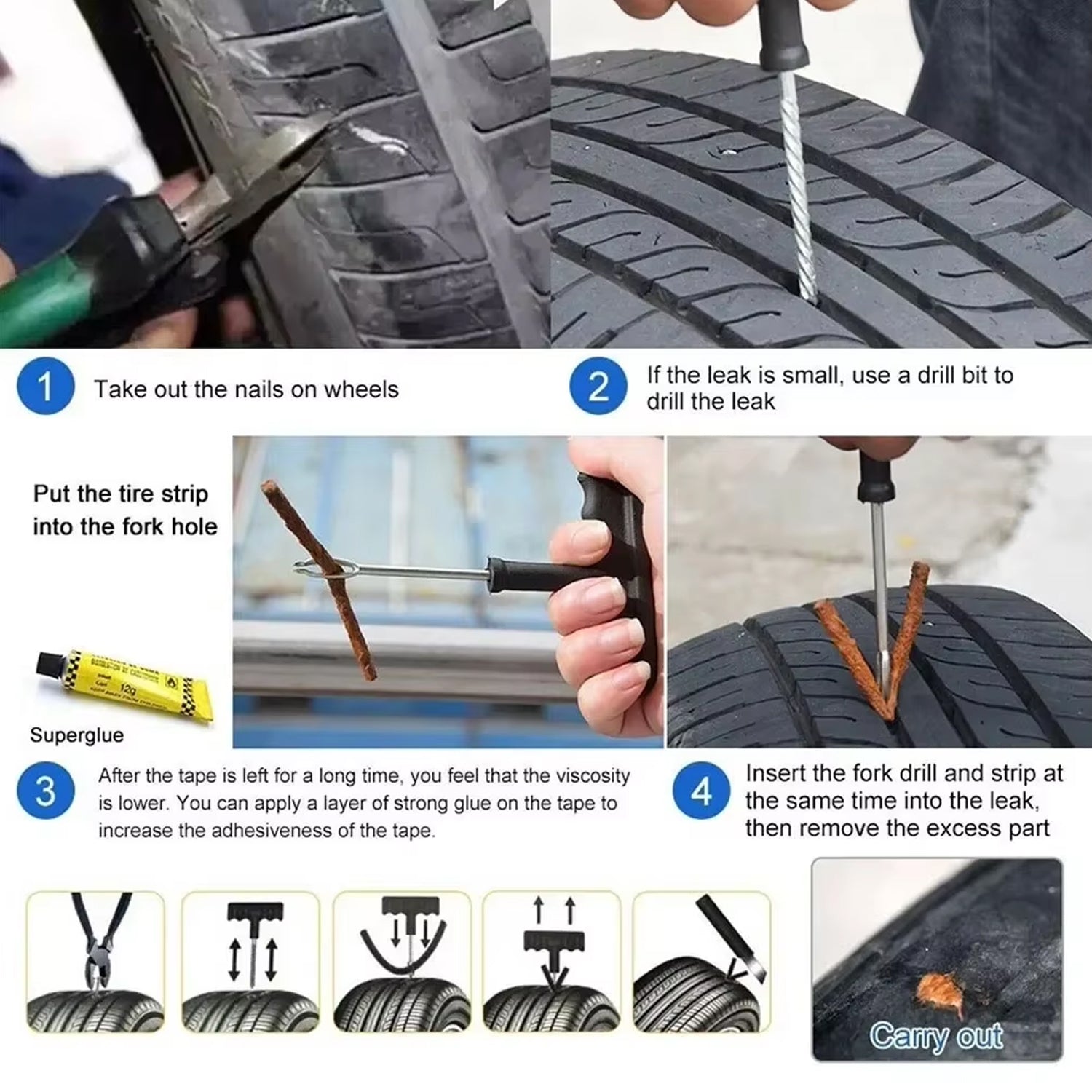 Tyre Puncture Repair Kit With 3 Seal Strips (5 Pcs Set) Wukusy