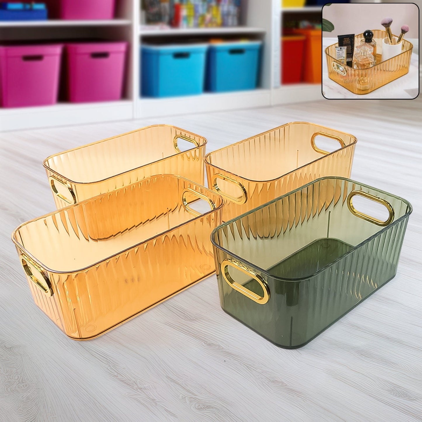 Premium Ribbed Transparent Storage Basket With Gold Handle Multipurpose Kitchen Amp Home Organizer Box (25x14cm 4 Pc) Wukusy