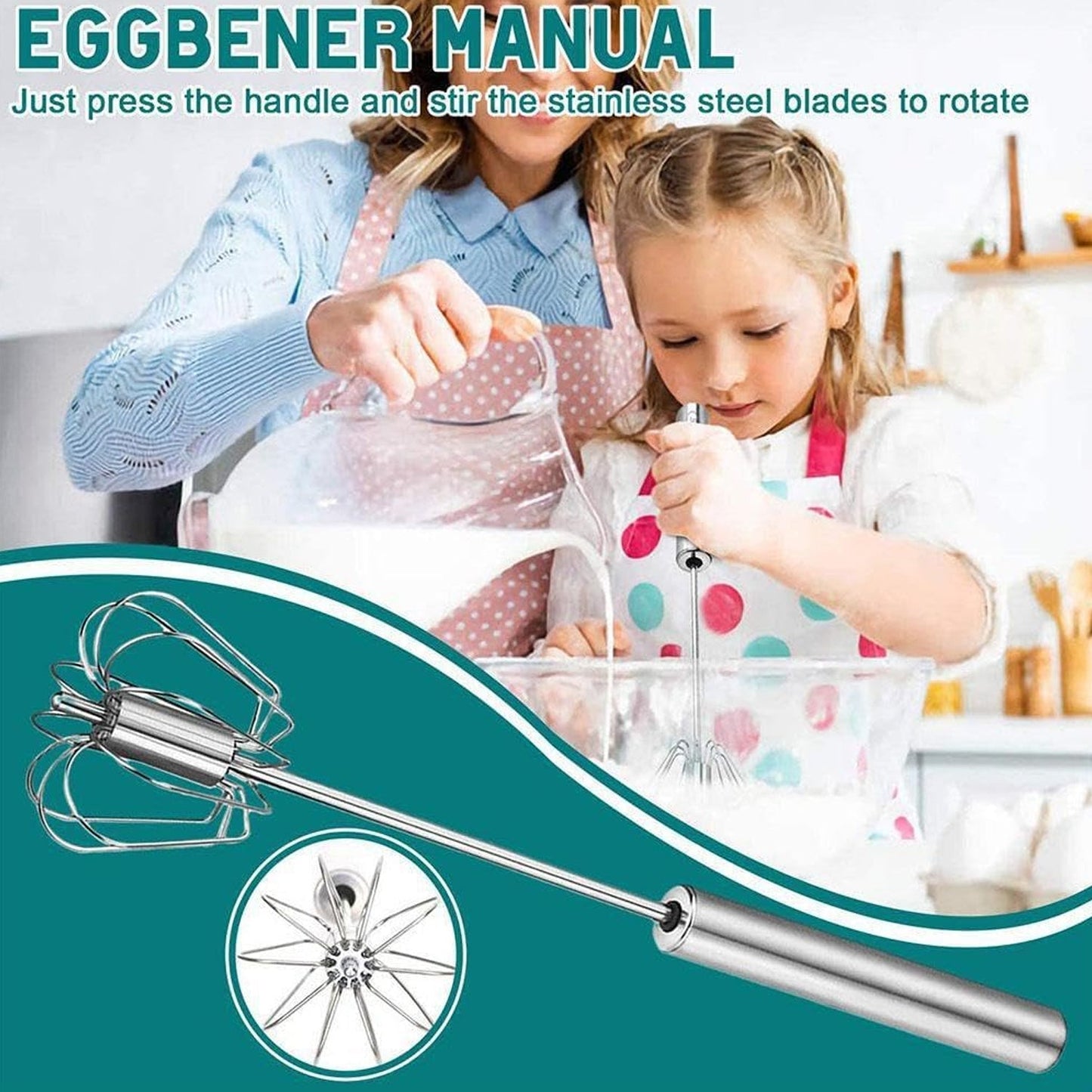 Big Stainless Steel Egg Whisk Hand Push Rotary Whisk Blender (1 Pc 35 Cm) Wukusy