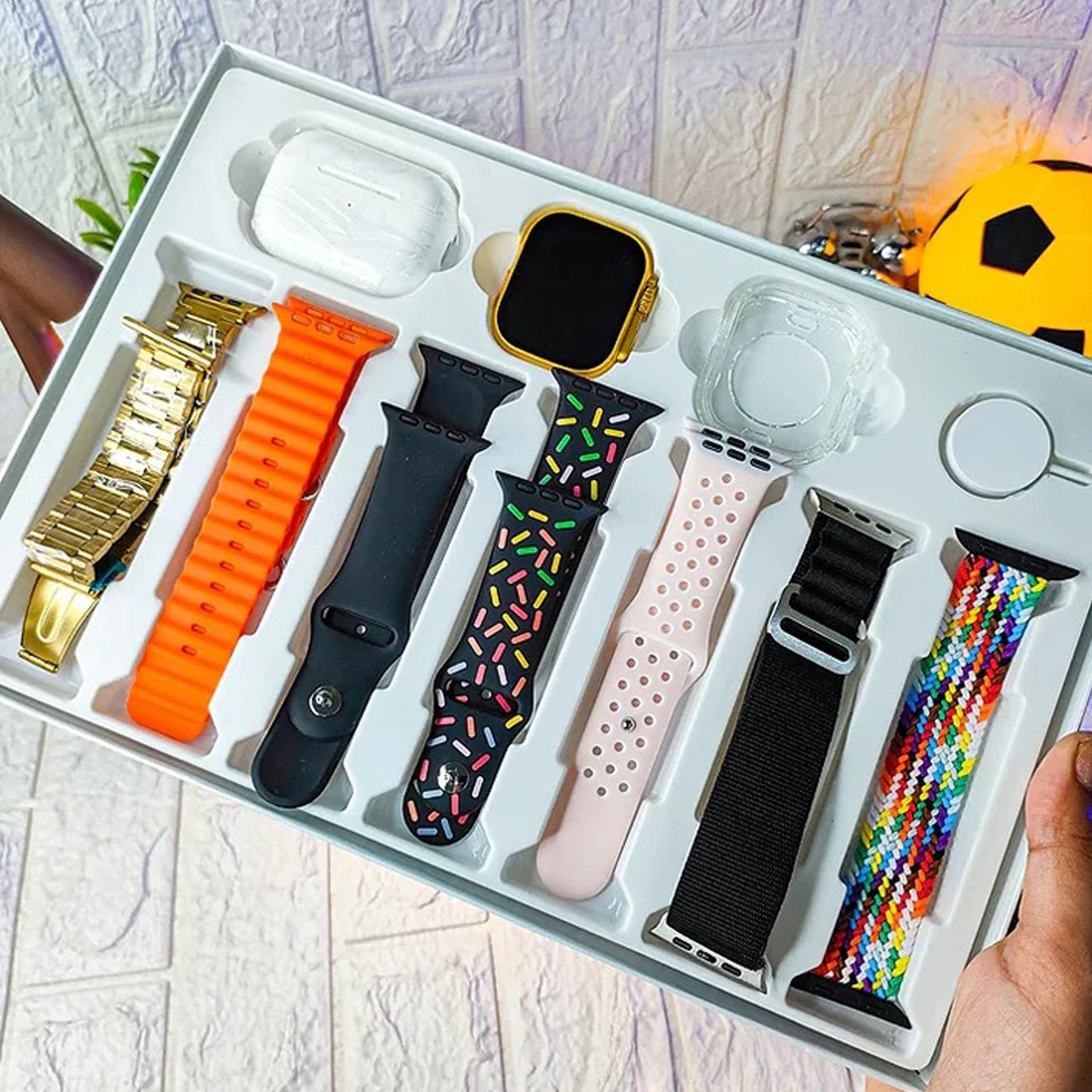 10 In1 Set Ultra Smart Bluetooth Calling Smartwatch + Earphones With Transparent Screen Guard Watch With Seven Classic Straps (Mix Color) Wukusy