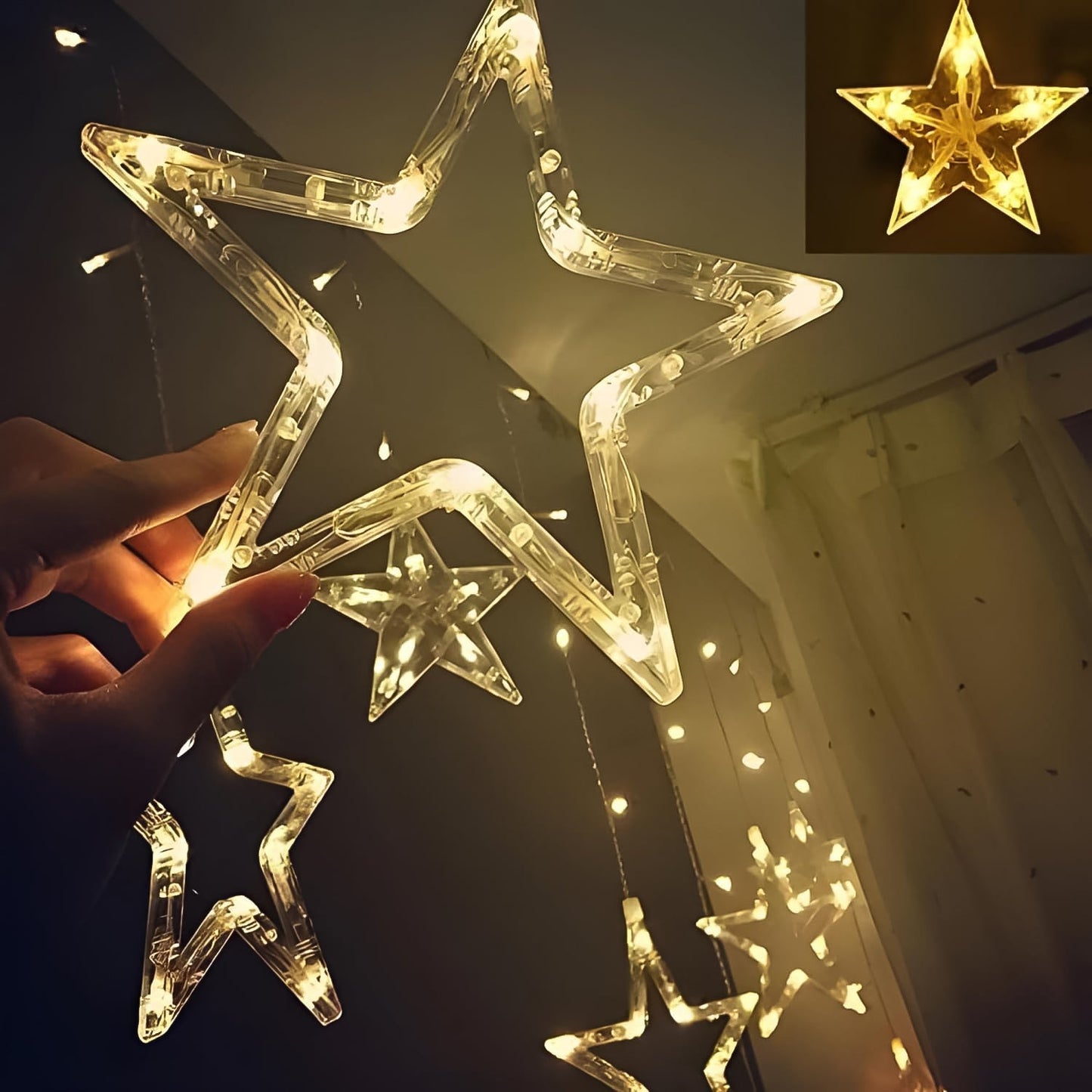 3385 12 Stars Led Curtain String Lights With 8 Flashing Modes For Home Decoration Diwali Wedding Led Christmas Light Indoor And Outdoor Light Festival Decoration (Warm White) Wukusy
