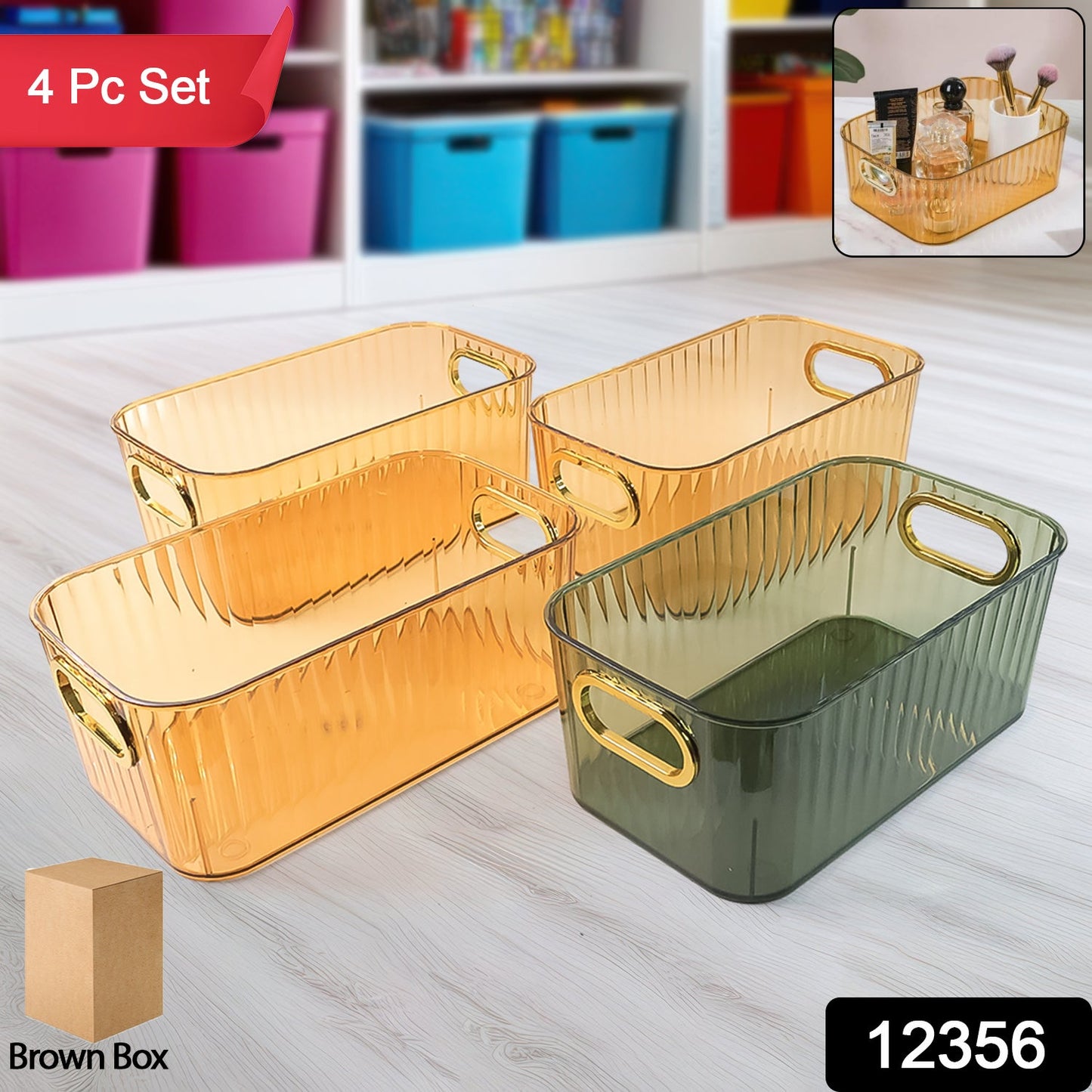 Premium Ribbed Transparent Storage Basket With Gold Handle Multipurpose Kitchen Amp Home Organizer Box (25x14cm 4 Pc) Wukusy