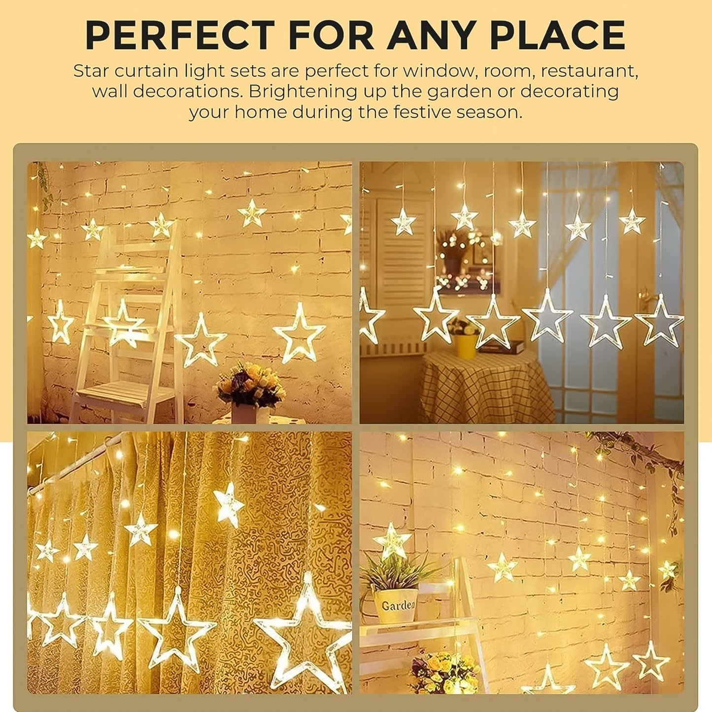 3385 12 Stars Led Curtain String Lights With 8 Flashing Modes For Home Decoration Diwali Wedding Led Christmas Light Indoor And Outdoor Light Festival Decoration (Warm White) Wukusy
