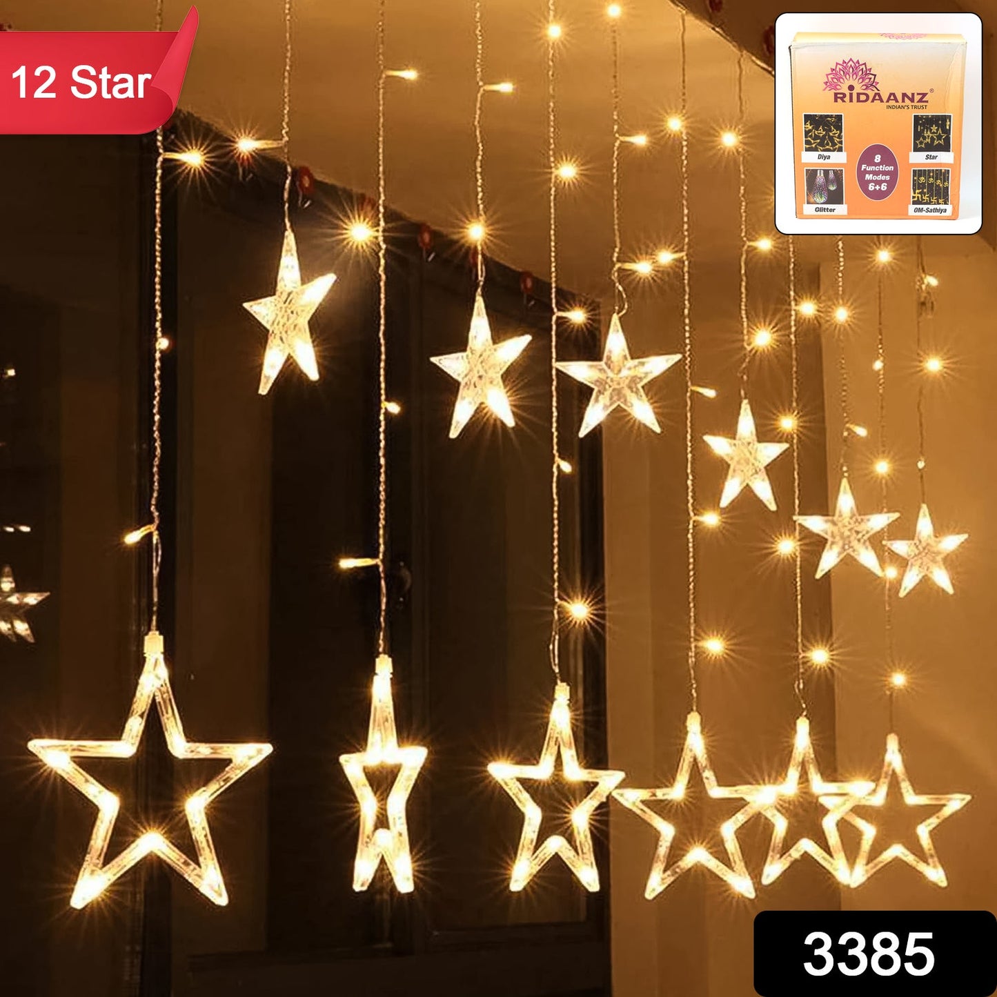 3385 12 Stars Led Curtain String Lights With 8 Flashing Modes For Home Decoration Diwali Wedding Led Christmas Light Indoor And Outdoor Light Festival Decoration (Warm White) Wukusy