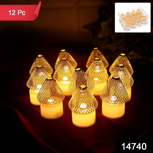Set Of 12 Decorative Led Flameless Candle Lights With Golden Net Cover Wukusy