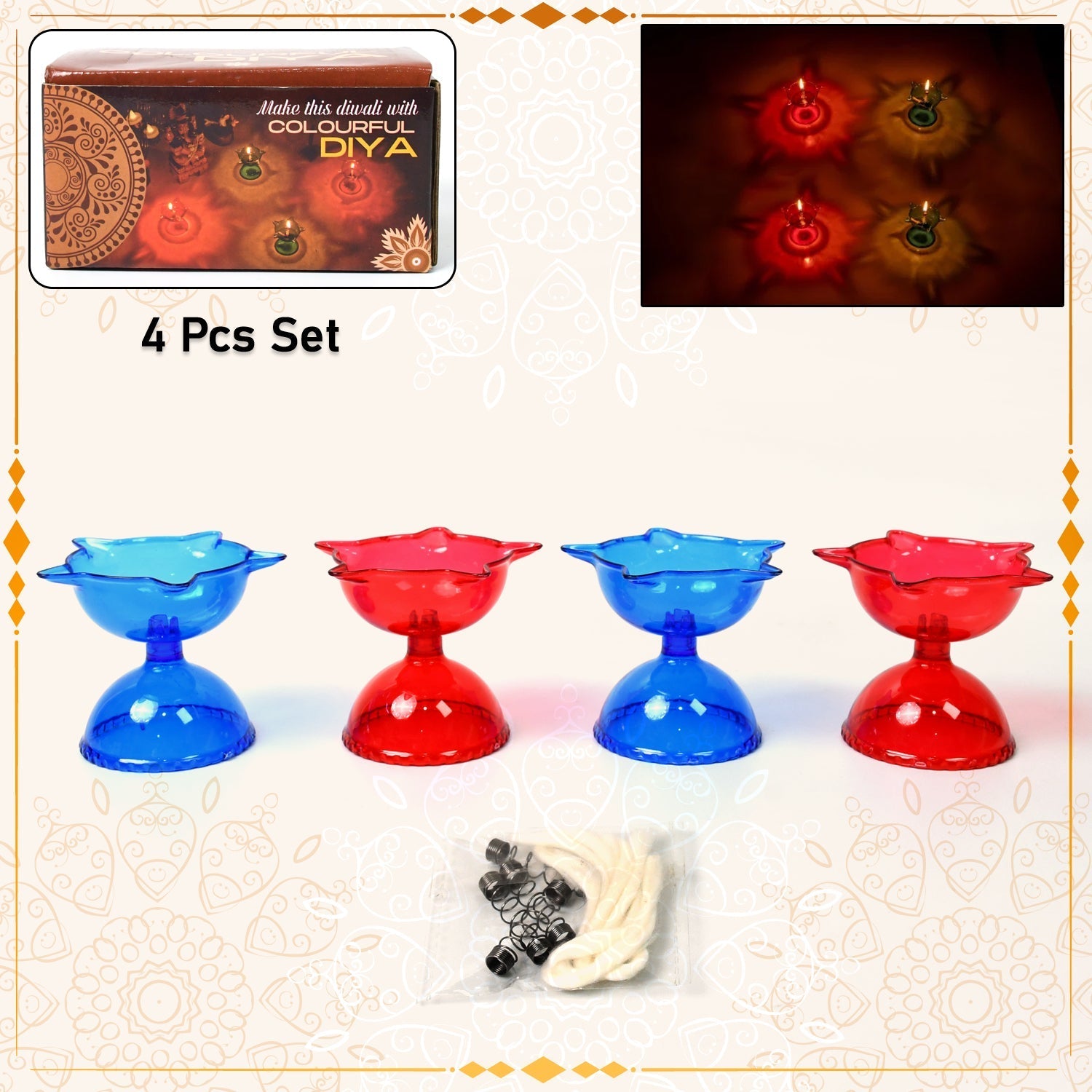 Colourful Reflection Diya Combo Plastic Candle Cup With Multi Shape (4 Pcs Set) Wukusy