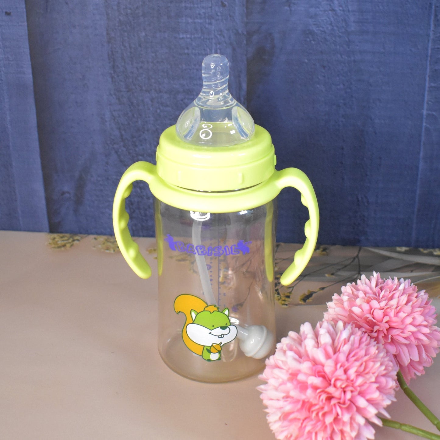 Plastic Baby Feeding Bottle With Handles Cleaning Brush  Straw (300 Ml  1 Pc) Wukusy