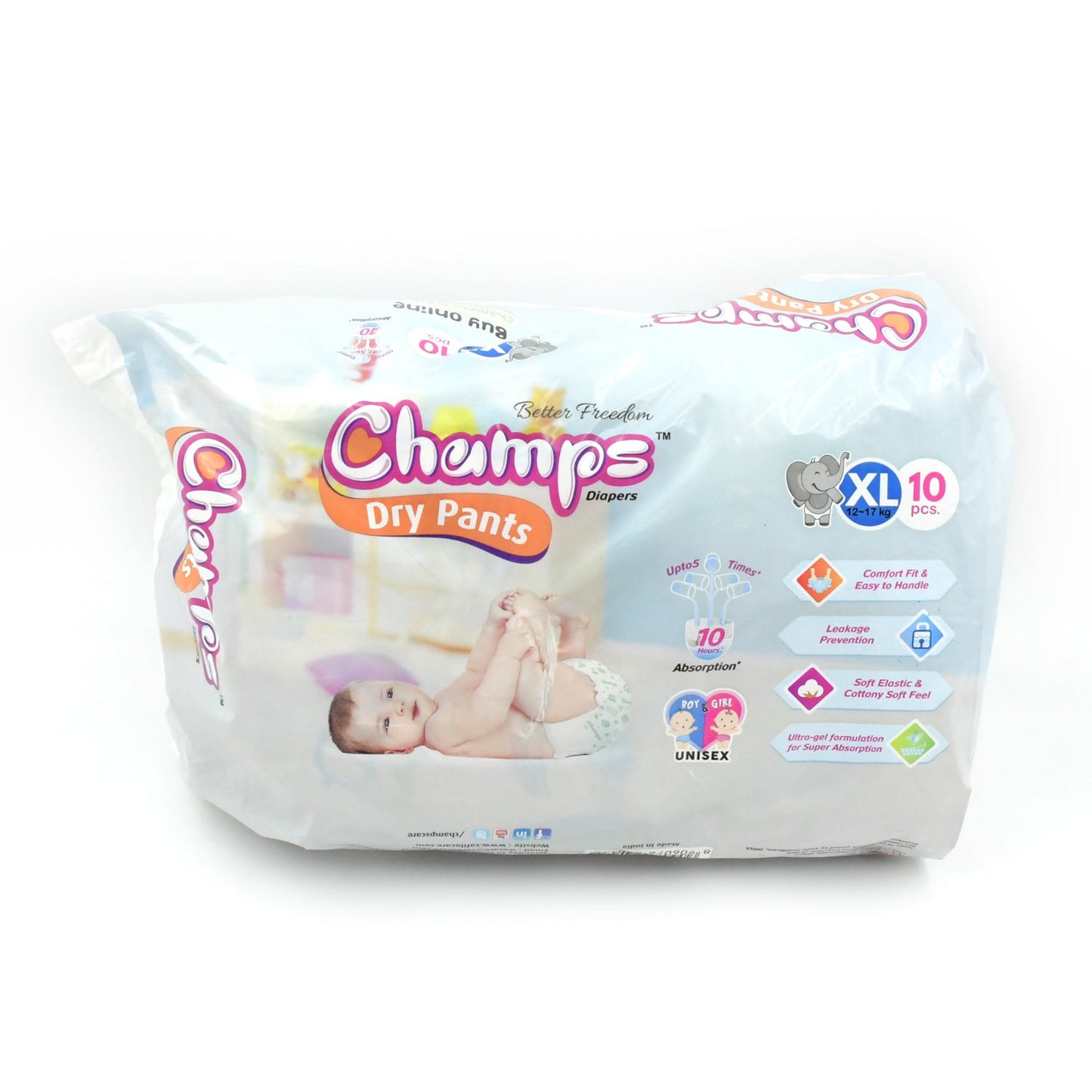 Baby Diaper High Absorbent Pant Diapers Champs Soft And Dry Baby Diaper Pants Xl 10 Pcs (Extra Large Xl10 Pieces) Wukusy