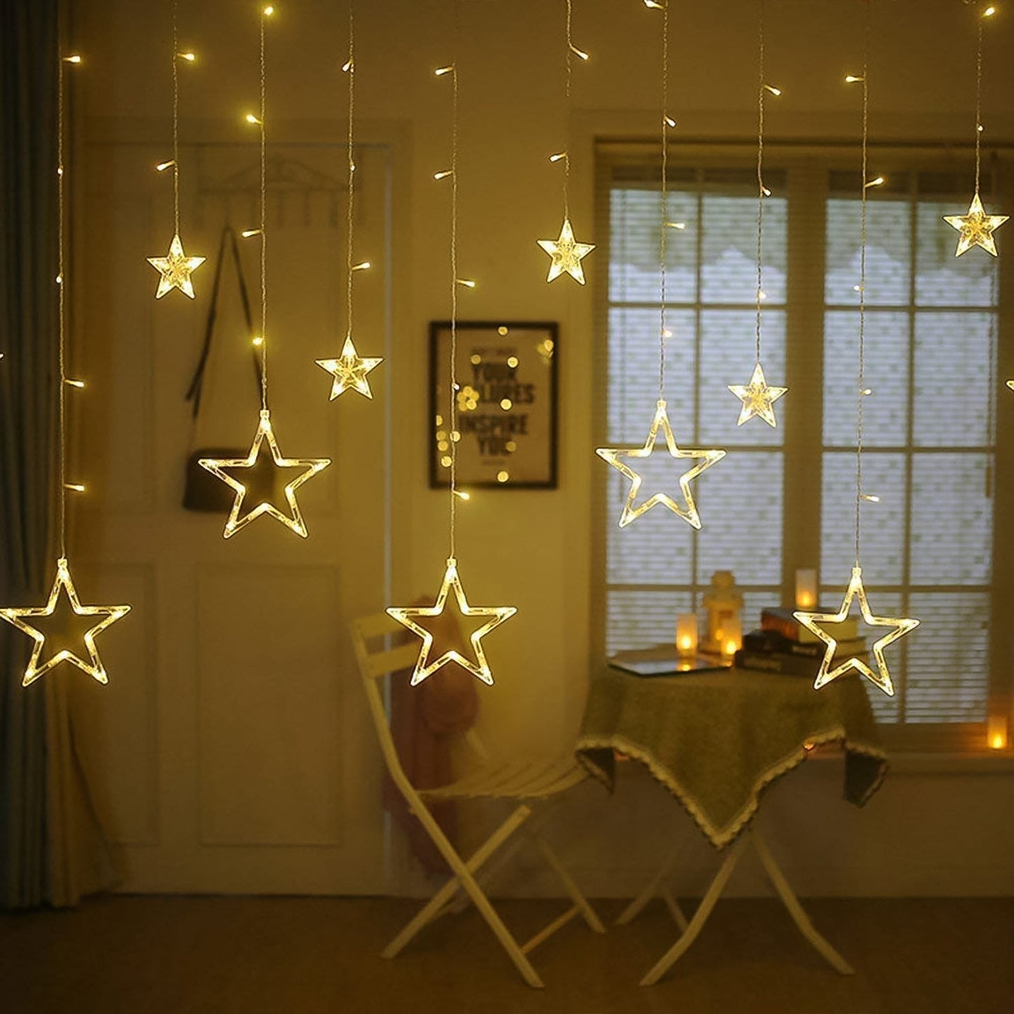 3385 12 Stars Led Curtain String Lights With 8 Flashing Modes For Home Decoration Diwali Wedding Led Christmas Light Indoor And Outdoor Light Festival Decoration (Warm White) Wukusy