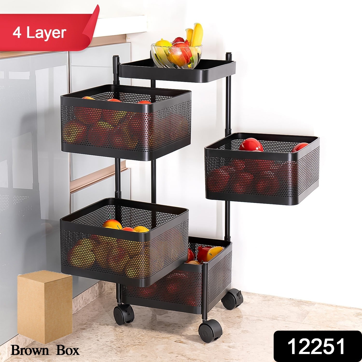 Metal Square High Quality Kitchen Trolley With Wheels (4 Layer  1 Pc) Wukusy