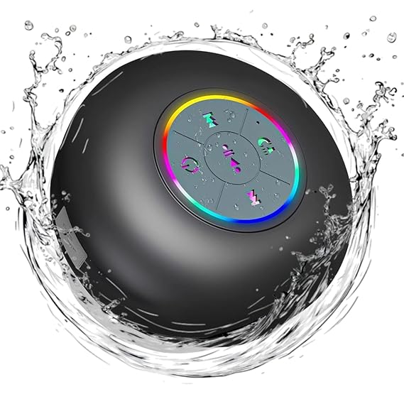 Luzsco Waterproof Bluetooth Shower Speaker with LED, IPX4 Portable Wireless Hands-Free Mini Speaker, Built-in Mic, Suction Cup (Black) Howzhat