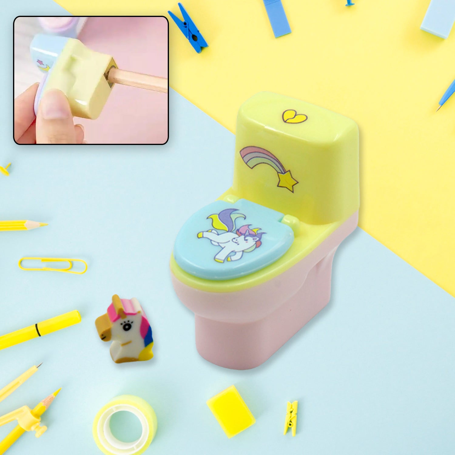 4556 Toilet Pencil Sharpener Plastic Pencil Sharpener Novelty Pencil Sharpener Cute Cartoon Stationery Gift Small Toilet Shaped Sharpener With Eraser Wheel For School Kids (2 Pc Set) Wukusy