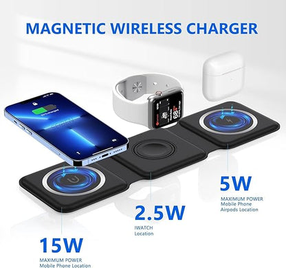 3 in 1 MagSafe Magnetic Foldable Wireless Charger for iPhone 16 to 12 Series | Compatible with AirPods 2/3/Pro | Compatible with only Apple Watch Series | 23W Charging | Wireless Charger - Matte Black Howzhat
