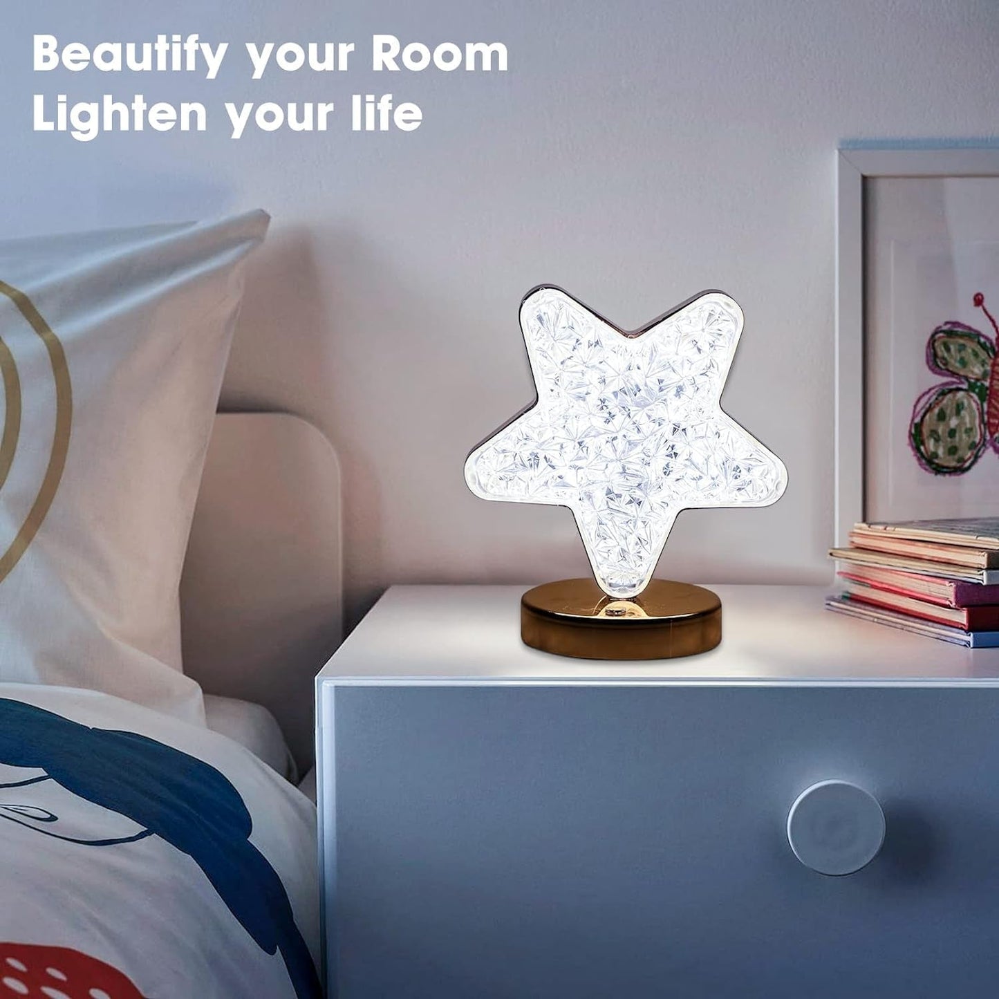 12571 Star Shape Crystal Diamond Lamp Cordless Luxury Lamp With Usb Rechargeable 3-way Dimmable  Touch Control Decorative Nightstand Lamp For Bedroom Living Room Party Restaurant Decor (1 Pc ) Wukusy