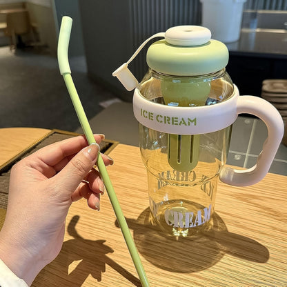 Approx 1300ml Large Capacity Cute Ice Cream Themed Water Bottle With Handle Straw  Fruit Infuser  Leakproof Sipper For Kids  Adults Wukusy