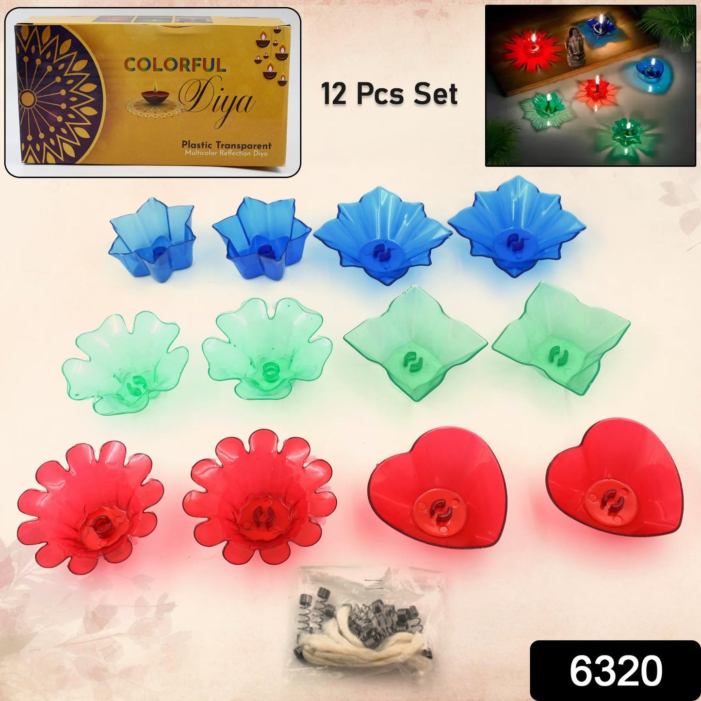 6320 Magical Reflection Diya Set With 6 Attractive Design Cup Set Of 12 Pieces Wukusy