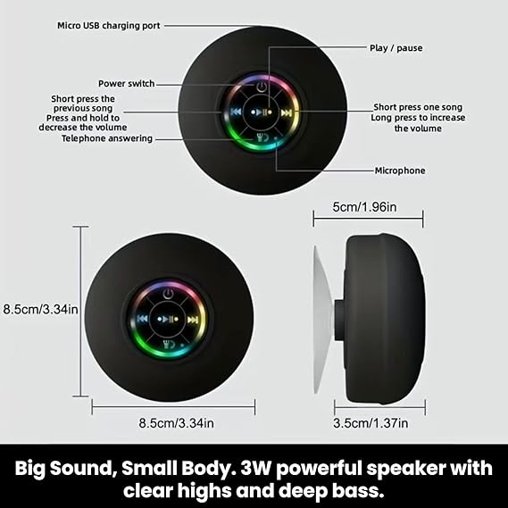 Luzsco Waterproof Bluetooth Shower Speaker with LED, IPX4 Portable Wireless Hands-Free Mini Speaker, Built-in Mic, Suction Cup (Black) Howzhat