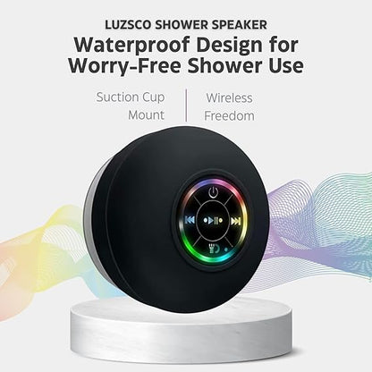 Luzsco Waterproof Bluetooth Shower Speaker with LED, IPX4 Portable Wireless Hands-Free Mini Speaker, Built-in Mic, Suction Cup (Black) Howzhat