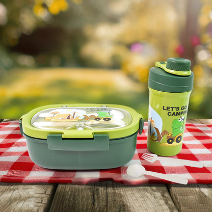 Plastic Lunch Box Leak Proof 3 Compartment With Bottle Spoon And Fork (1 Set) Wukusy