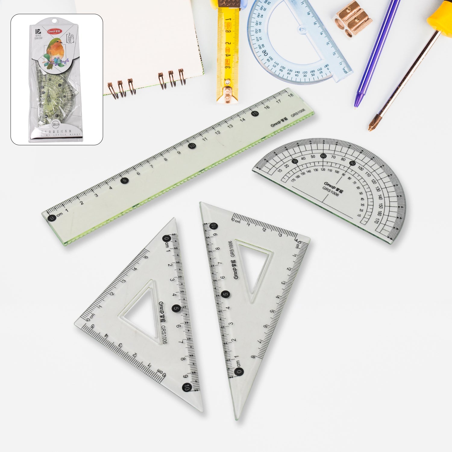 4-piece Geometry Set Triangle Ruler Protractor Straight Ruler Wukusy