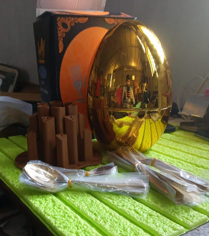 10010 Premium Cutlery Set 24 Pcs With Oval Shaped Stand  Beautiful Stylish Oval Designed Cutlery Sets Egg-shaped Luxury Spoon Holder Set (Golden  24 Pcs Set) Wukusy