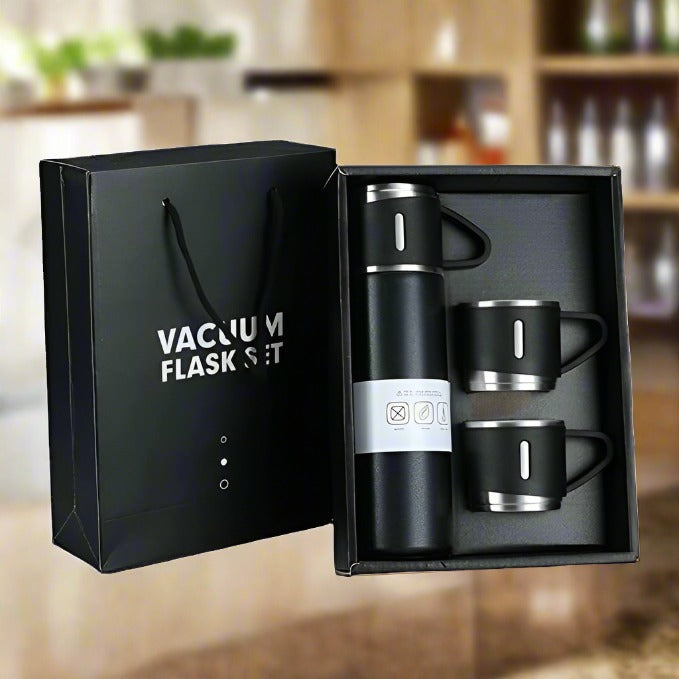 Stainless Steel Vacuum Flask Set With 3 Steel Cups Combo For Coffee Hot Drink And Cold Water Flask Ideal Gifting Travel Friendly Latest Flask Bottle. (500ml) Wukusy