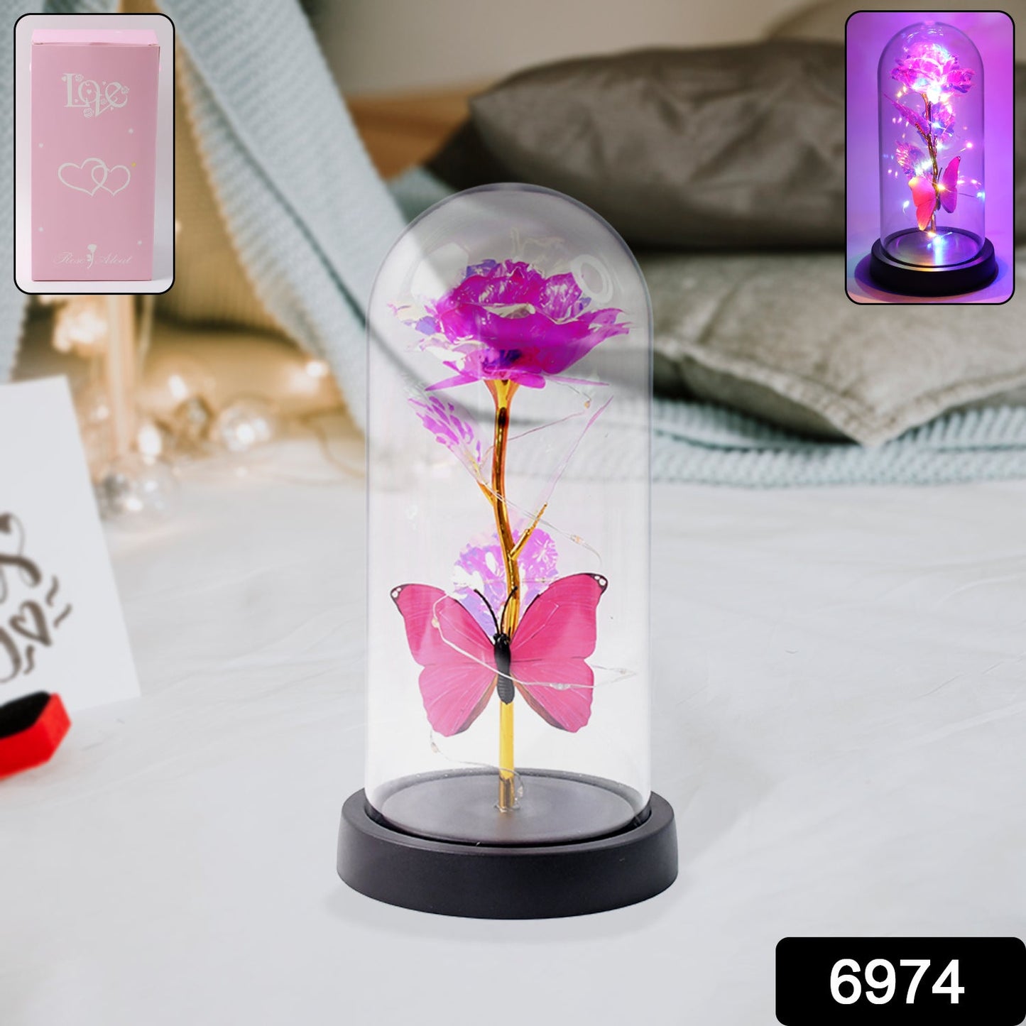 Led Decorative Rose With Butterfly In Transparent Plastic Dome (1 Pc  Battery Not Included) Wukusy