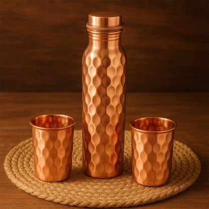 Copper Water Bottle 2 Glasses With Gift Box (3 Pcs Set) Wukusy