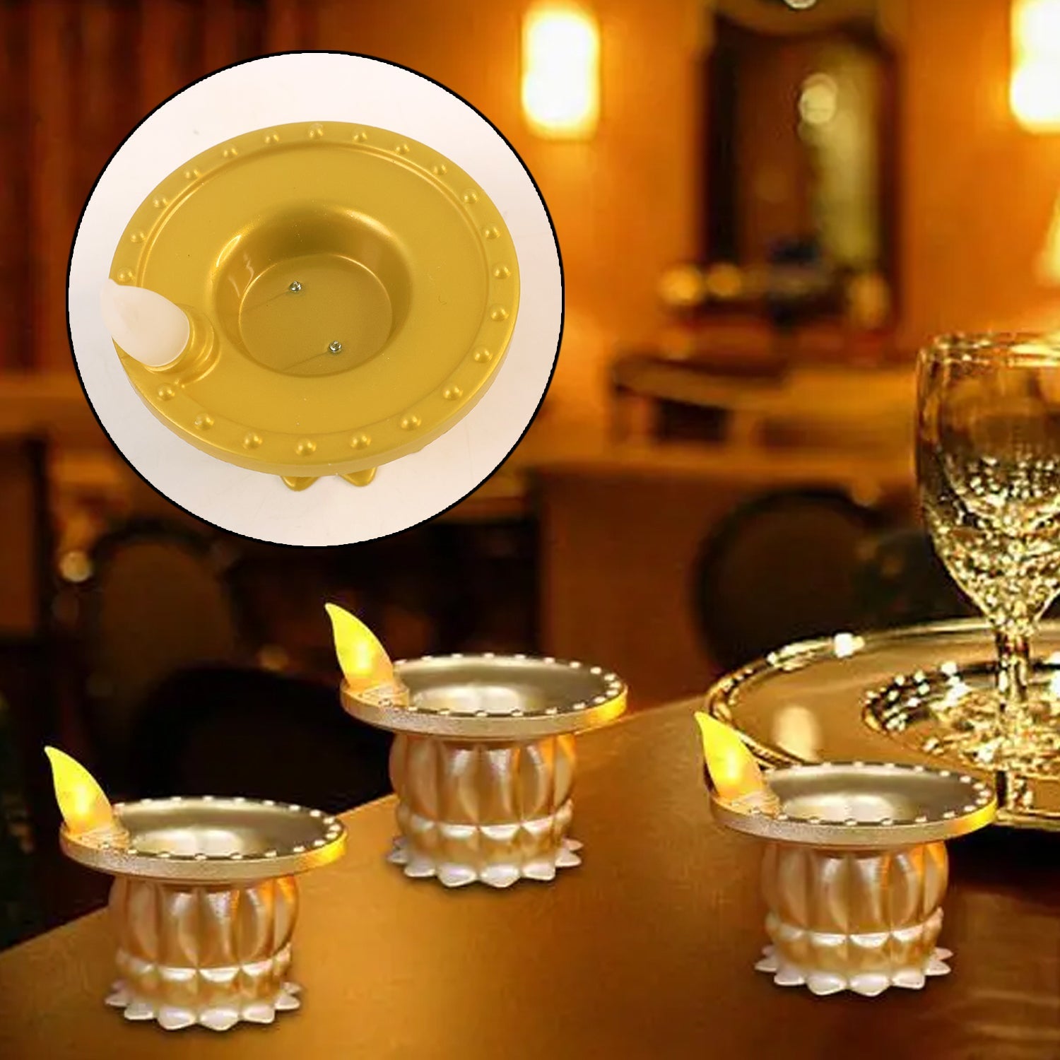 Set Of 12 Water Sensor Led Golden Diyas Wukusy
