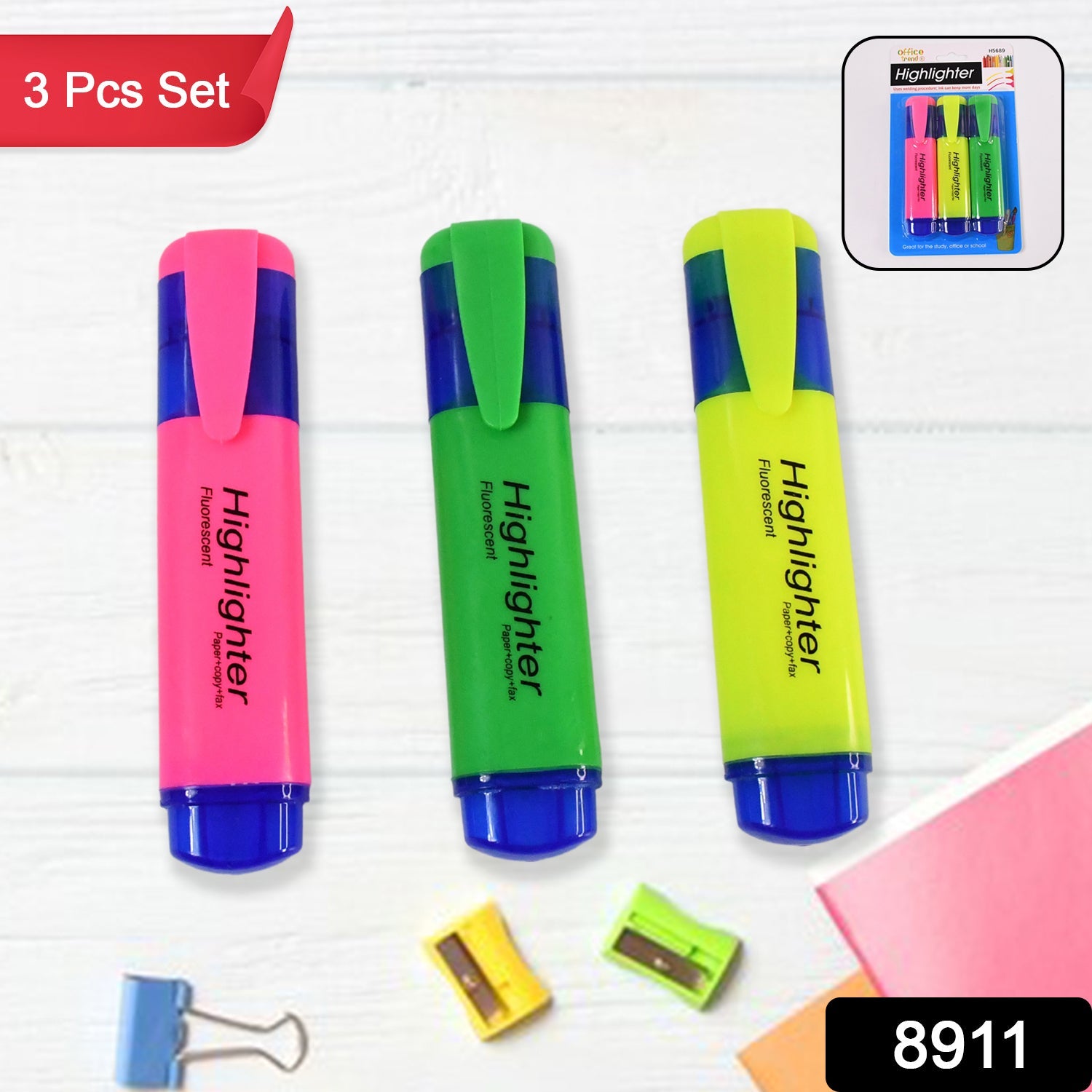 Highlighter Pen Assorted Colours Water Based Broad Tip Writing Marker (3 Pcs Set) Wukusy