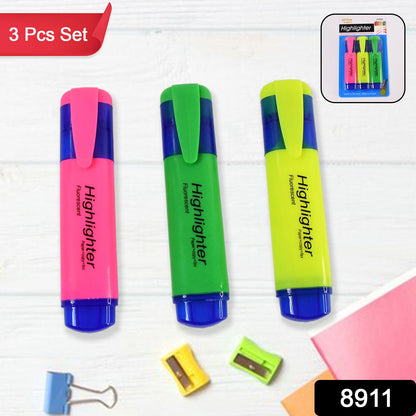 Highlighter Pen Assorted Colours Water Based Broad Tip Writing Marker (3 Pcs Set) Wukusy