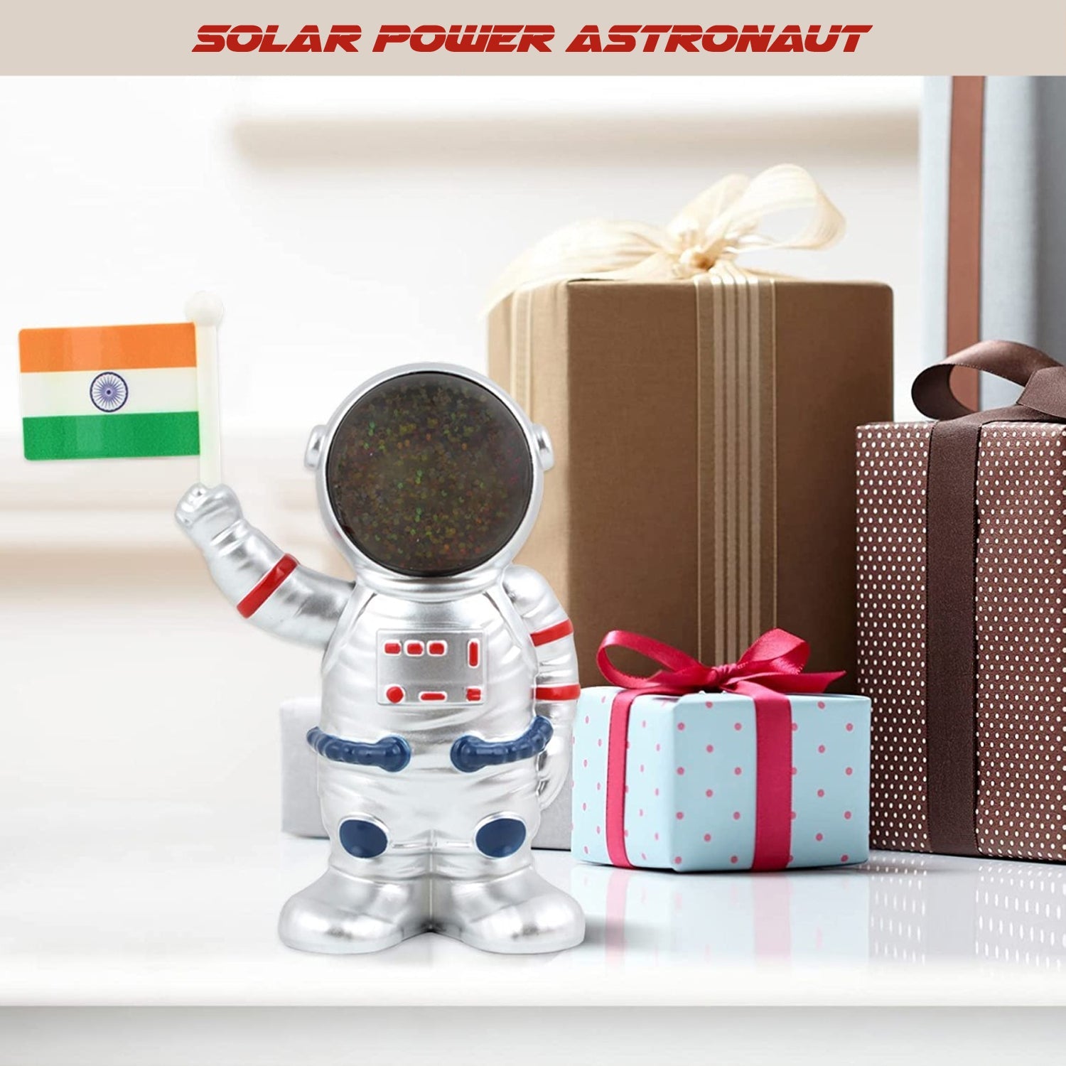 Solar Power Astronaut Ornament Moving Hand With Indian Flag (1 Pc) Wukusy