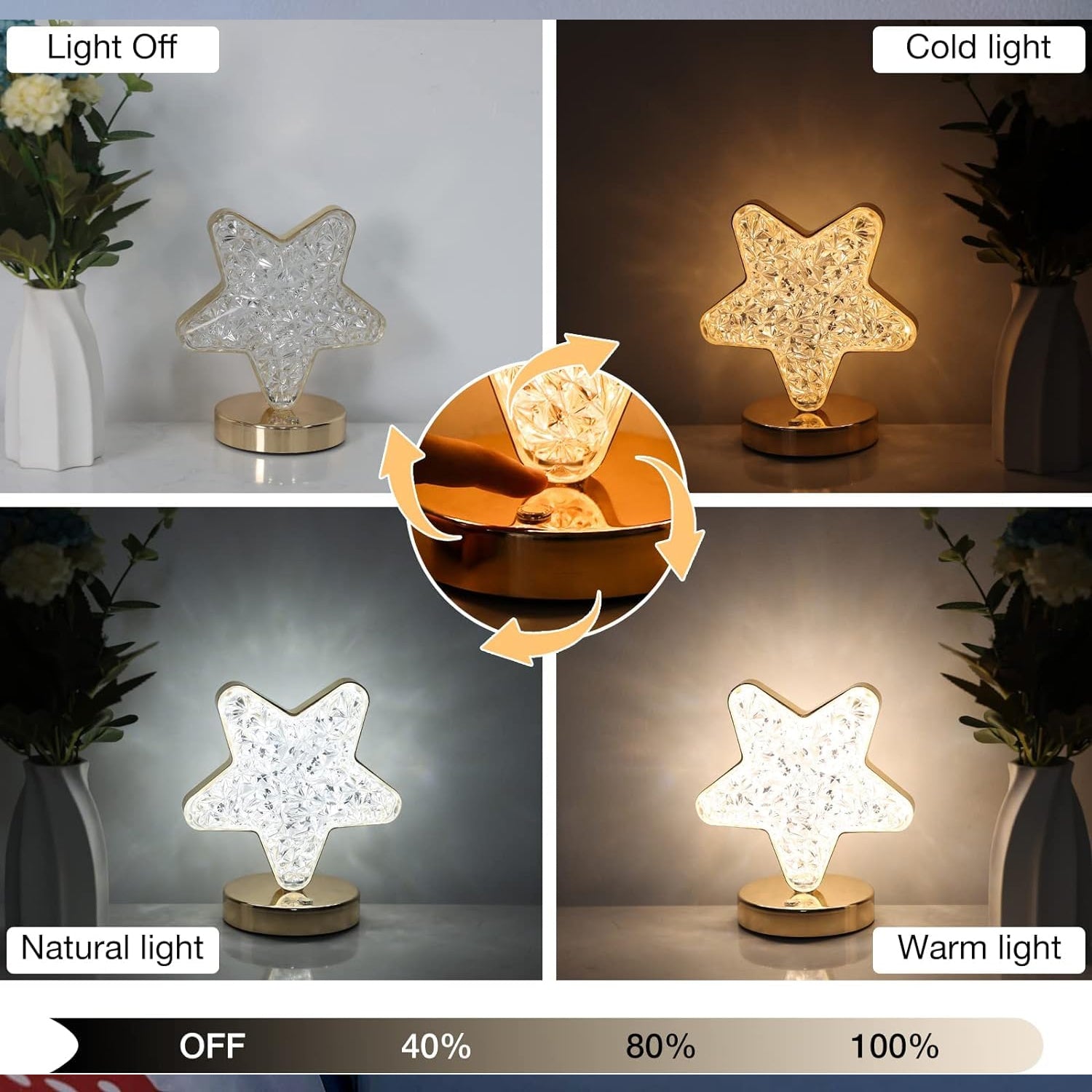 12571 Star Shape Crystal Diamond Lamp Cordless Luxury Lamp With Usb Rechargeable 3-way Dimmable  Touch Control Decorative Nightstand Lamp For Bedroom Living Room Party Restaurant Decor (1 Pc ) Wukusy