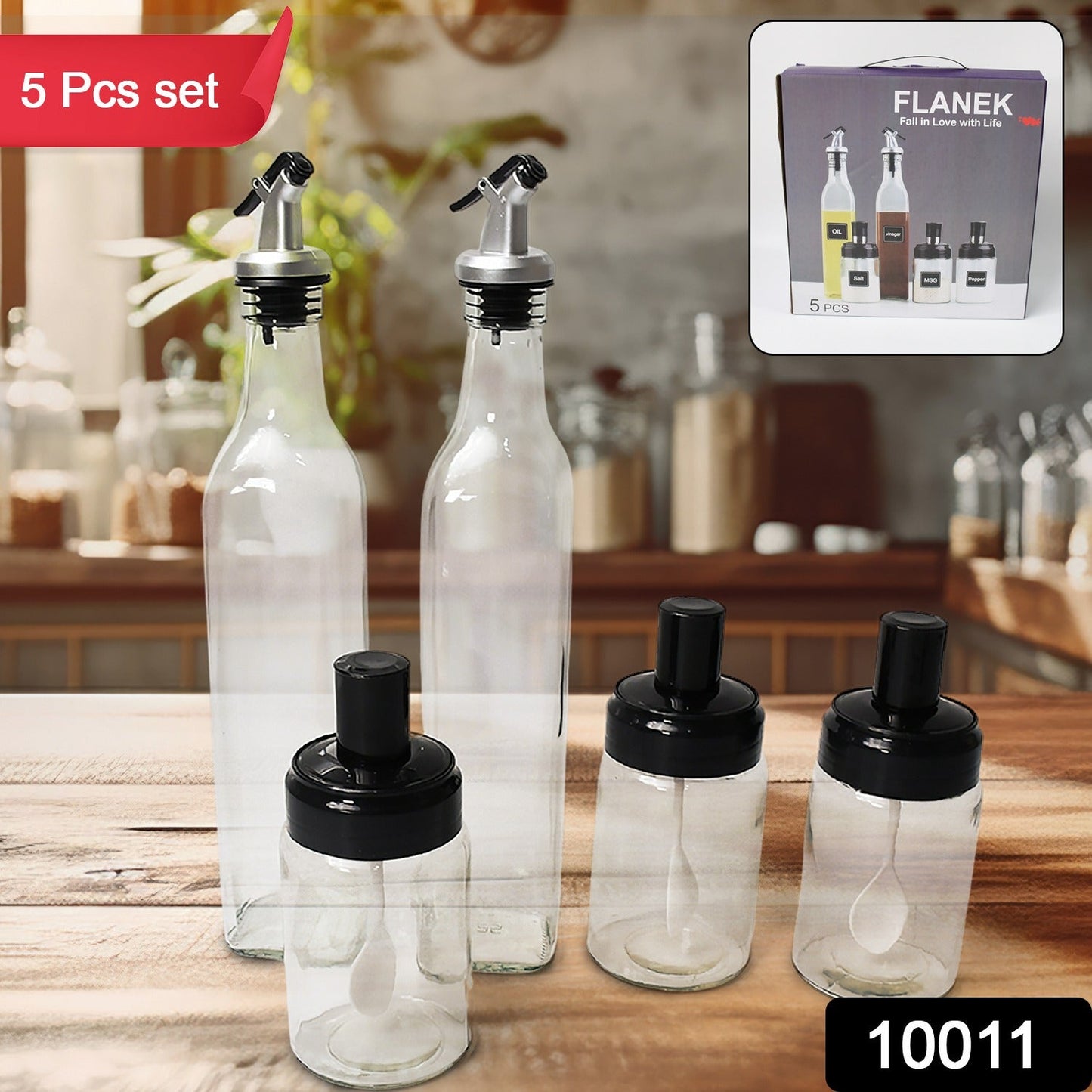 10011 Transparent Glassoil Dispenser 500 Ml Bottle Set Of 2 Spice Jar 250 Ml Set Of 3 Oil Bottle For Kitchen Oil  Vinegar Storage Glass Bottle Glass Container For Spice Masala (5 Pcs Set) Wukusy