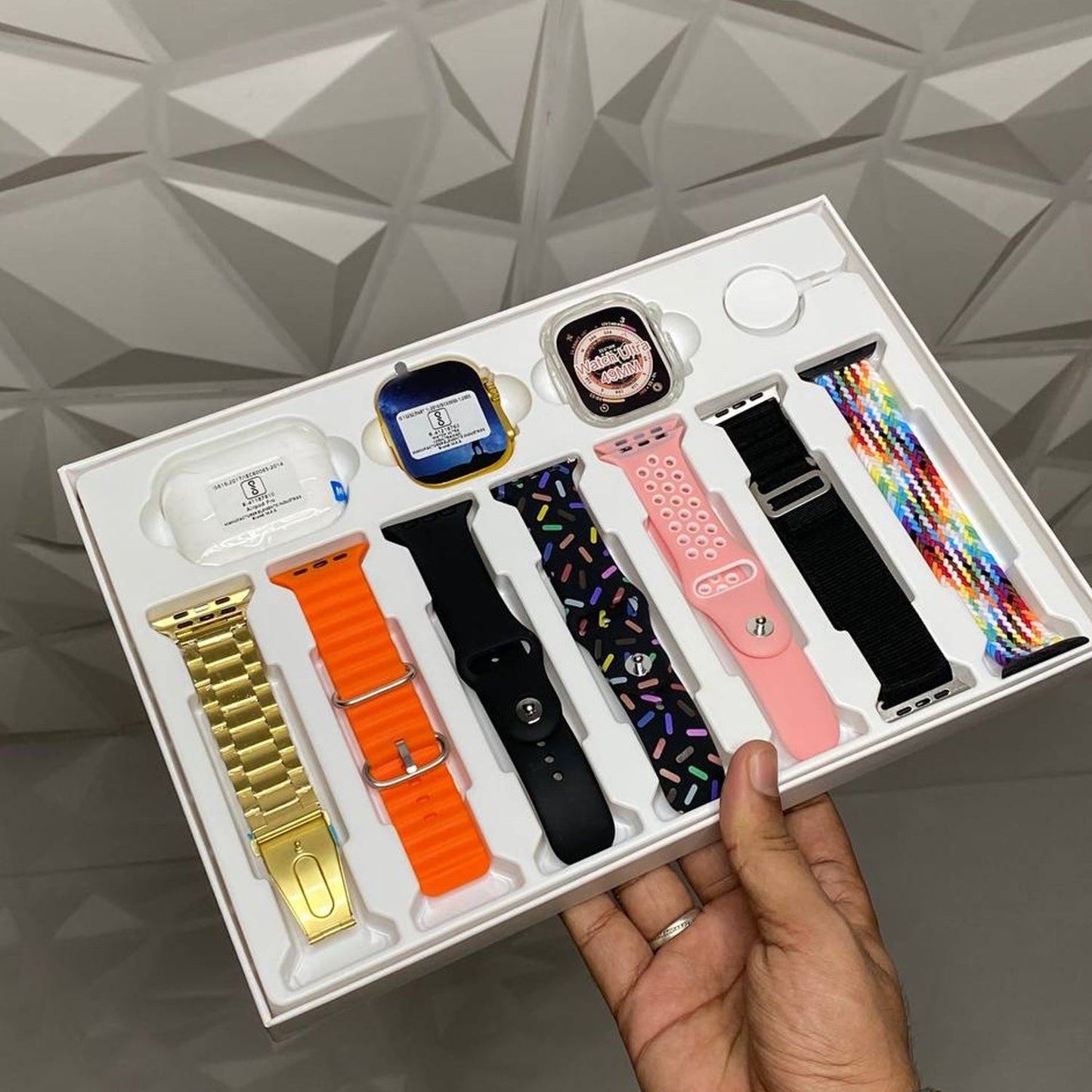 10 In1 Set Ultra Smart Bluetooth Calling Smartwatch + Earphones With Transparent Screen Guard Watch With Seven Classic Straps (Mix Color) Wukusy