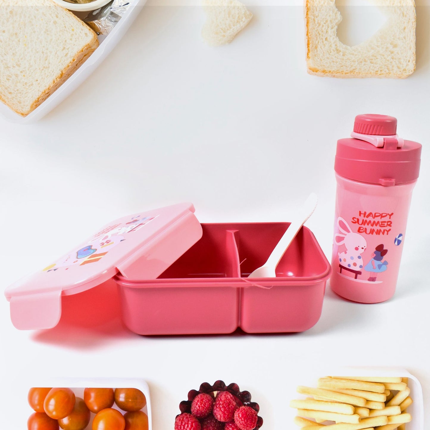Plastic Lunch Box Leak Proof 2 Compartment With Bottle And Fork (1 Set  Mix Color) Wukusy
